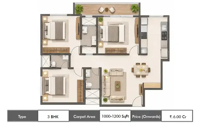 Mayfair Aarambh 3 BHK floor plan, 1000 sq ft carpet area