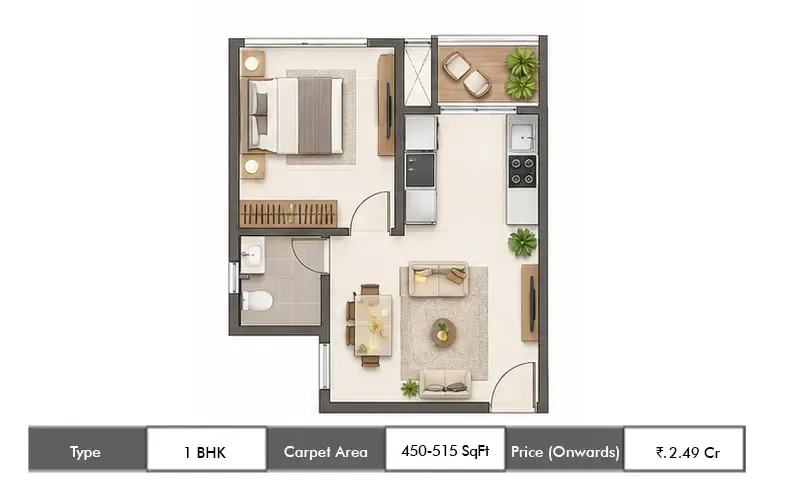 Mayfair Aarambh 1 BHK floor plan, 450 sq ft carpet area